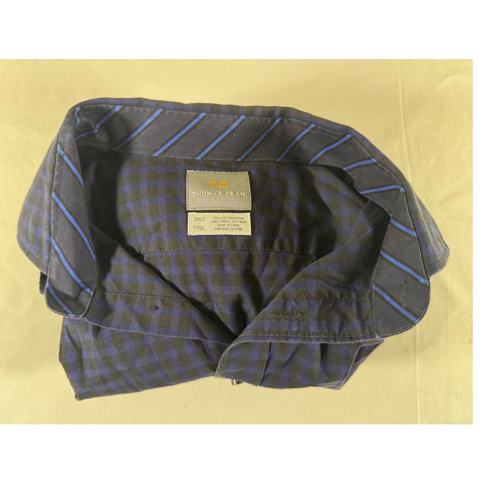 Thomas Dean Mens Blue Black Gingham Cotton Button Down Shirt XXLT Tall